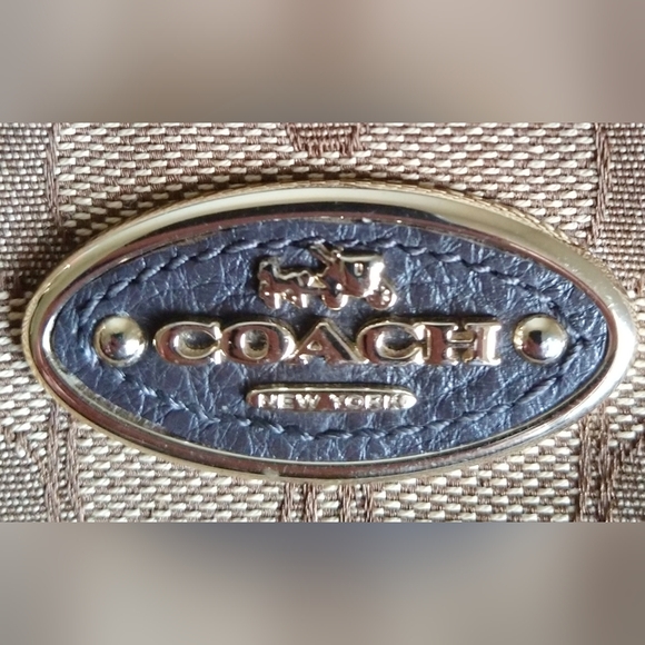 AUTHENTIC COACH SIGNATURE JACQUARD HANDBAG TAN & BROWN LEATHER TRIM MED SATCHEL - Picture 2 of 10